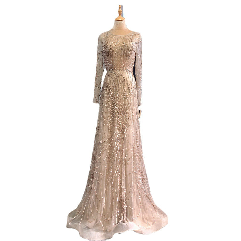Light Luxury Caramel Polyester Evening Dress with Long Sleeves