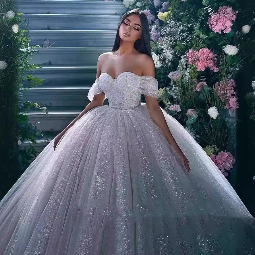 Off-Shoulder White Sequined Wedding Dress Mori Style Slimming Long Sleeve