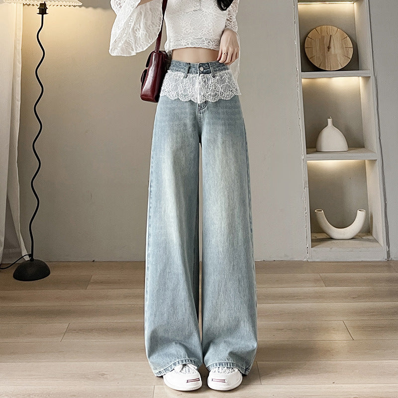 Jean large droit amincissant en dentelle