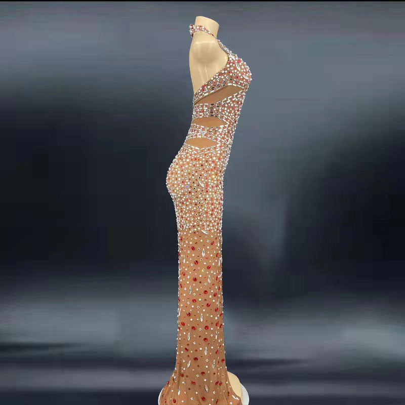 Robe de bal dos nu élégante en strass et paillettes de cristal en élasthanne