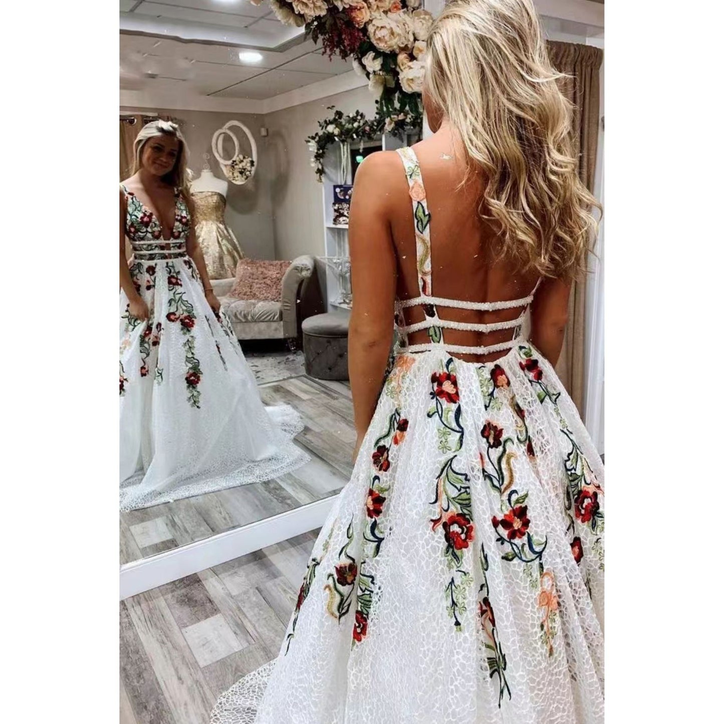 Backless Flower Decoration V-neck Sexy Formal Dress