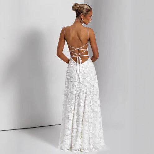 Women's Backless Chiffon Sling Dress Sleeveless High Waist Long Skirt
