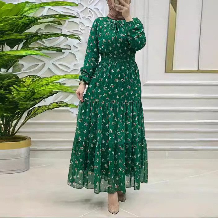 Robe longue en mousseline de soie à fleurs smockée élégante pour femme du Moyen-Orient
