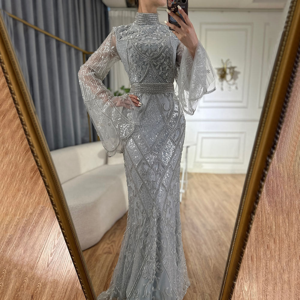 Robe de Soirée Longue Queue de Poisson Col Haut Rouge en Polyester