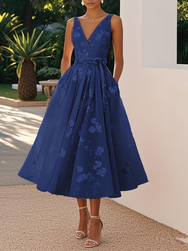 Robe trapèze sans manches à col en V et imprimé numérique pour femme