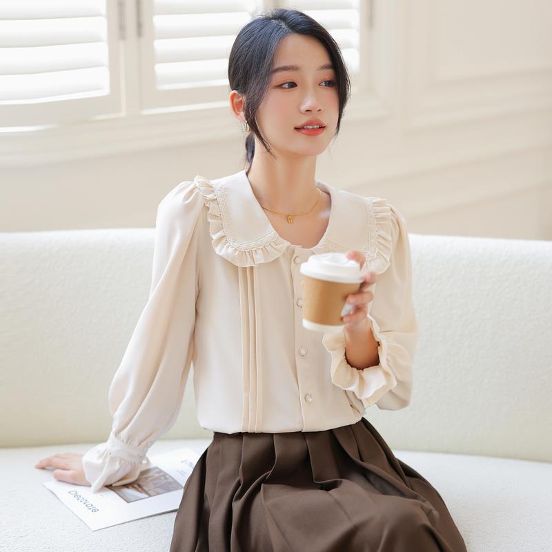 Doll Collar Long Sleeve Shirt with Ruffles in Creamy White and Brown
