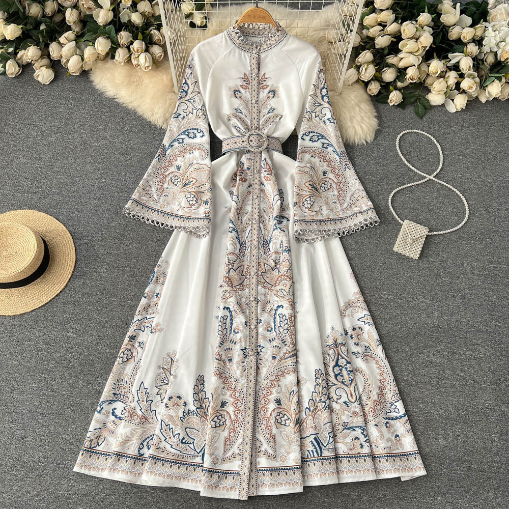 Vintage Printed Round Neck Bell Sleeve Mid-Length Elegant Dress