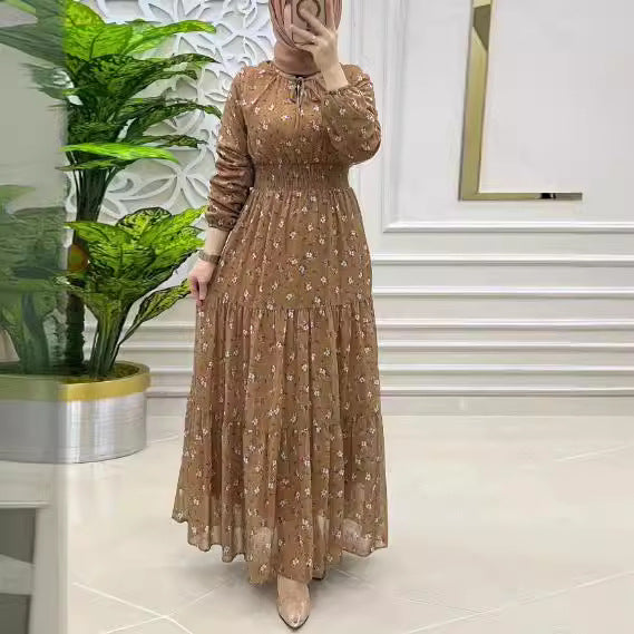 Robe longue en mousseline de soie à fleurs smockée élégante pour femme du Moyen-Orient