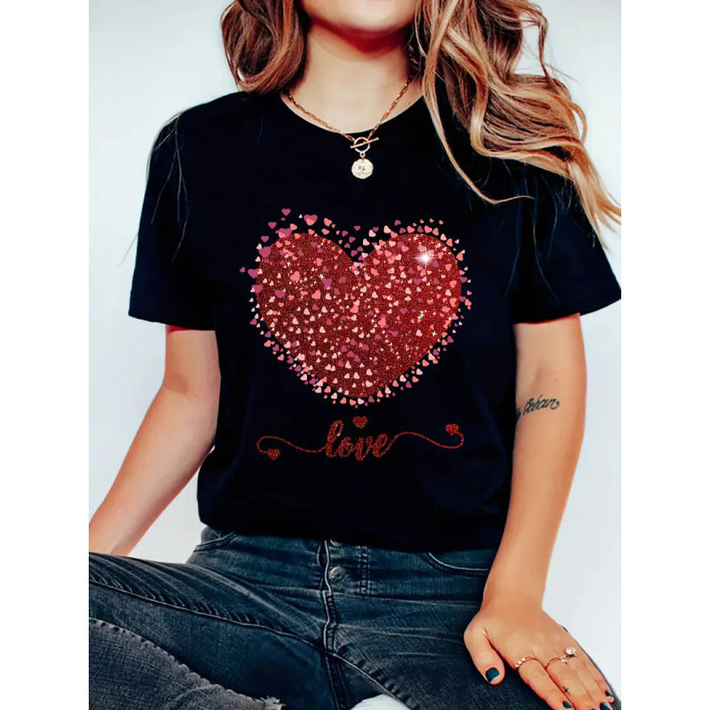 Women's Short Sleeve Valentine's Day Heart 3D Round Neck Top