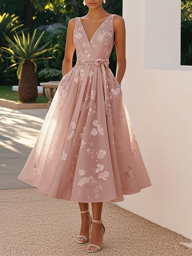 Robe trapèze sans manches à col en V et imprimé numérique pour femme