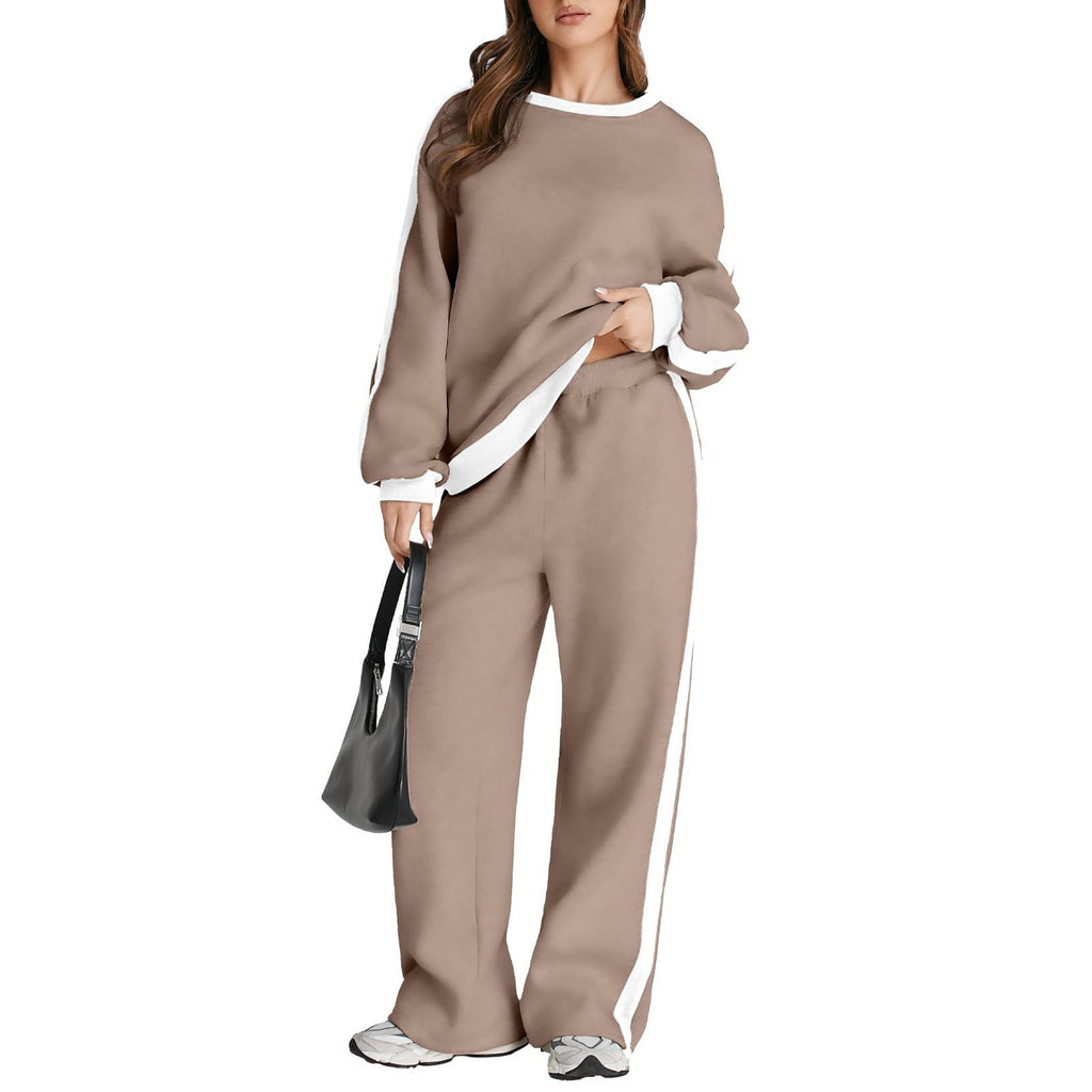 Graceful Color Matching Long Sleeve Loose Pullover Sweatshirt & Sweatpants Set