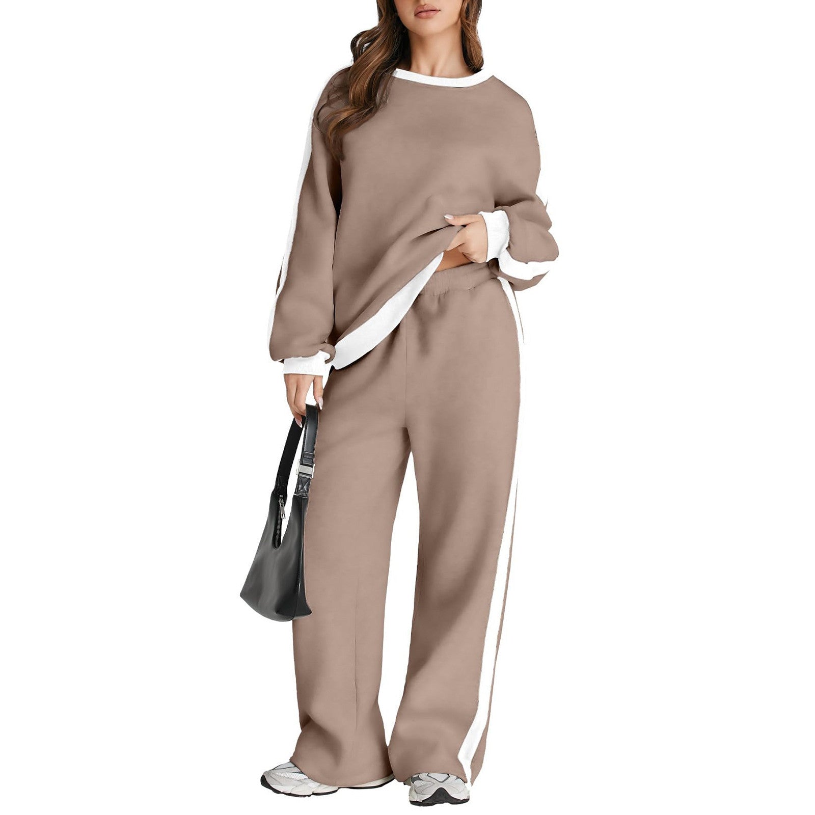Graceful Color Matching Long Sleeve Loose Pullover Sweatshirt & Sweatpants Set