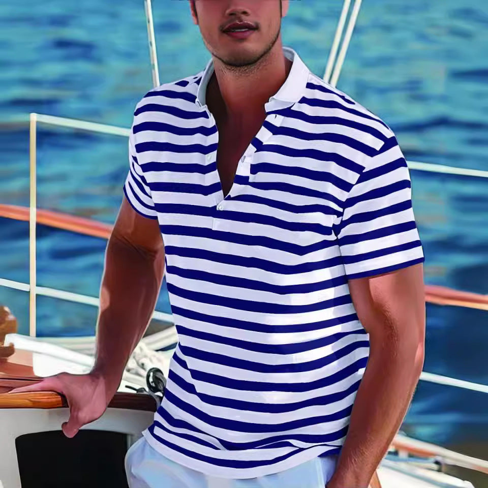 Men's Short-sleeve Polo Shirt Striped Casual Top