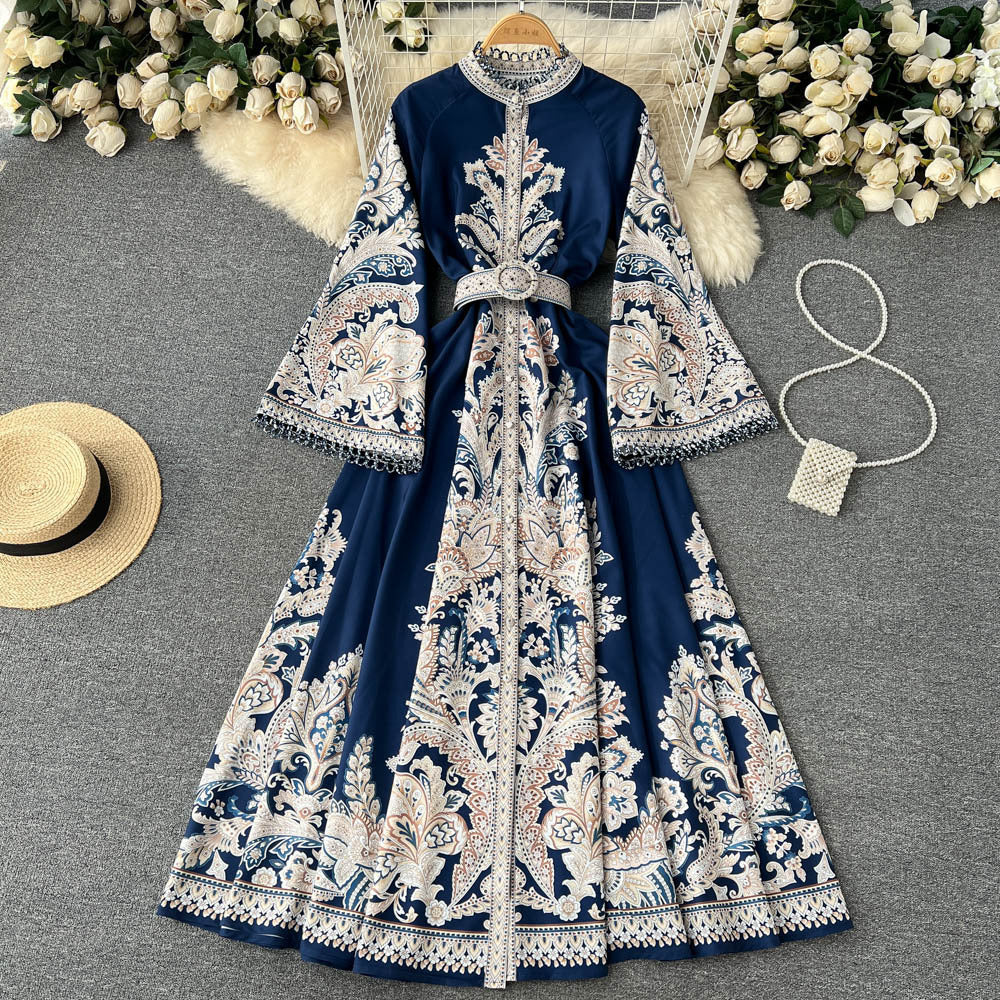 Vintage Printed Round Neck Bell Sleeve Mid-Length Elegant Dress