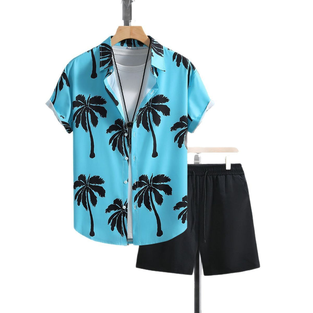 Summer Men's Lake Blue Short-Sleeve Shirt and Pants Suit Polyester Fiber