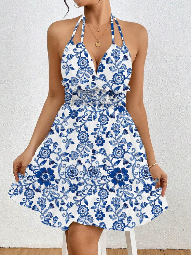 Robe sexy imprimée avec bretelles fines et dos nu, style européen et américain pour femmes