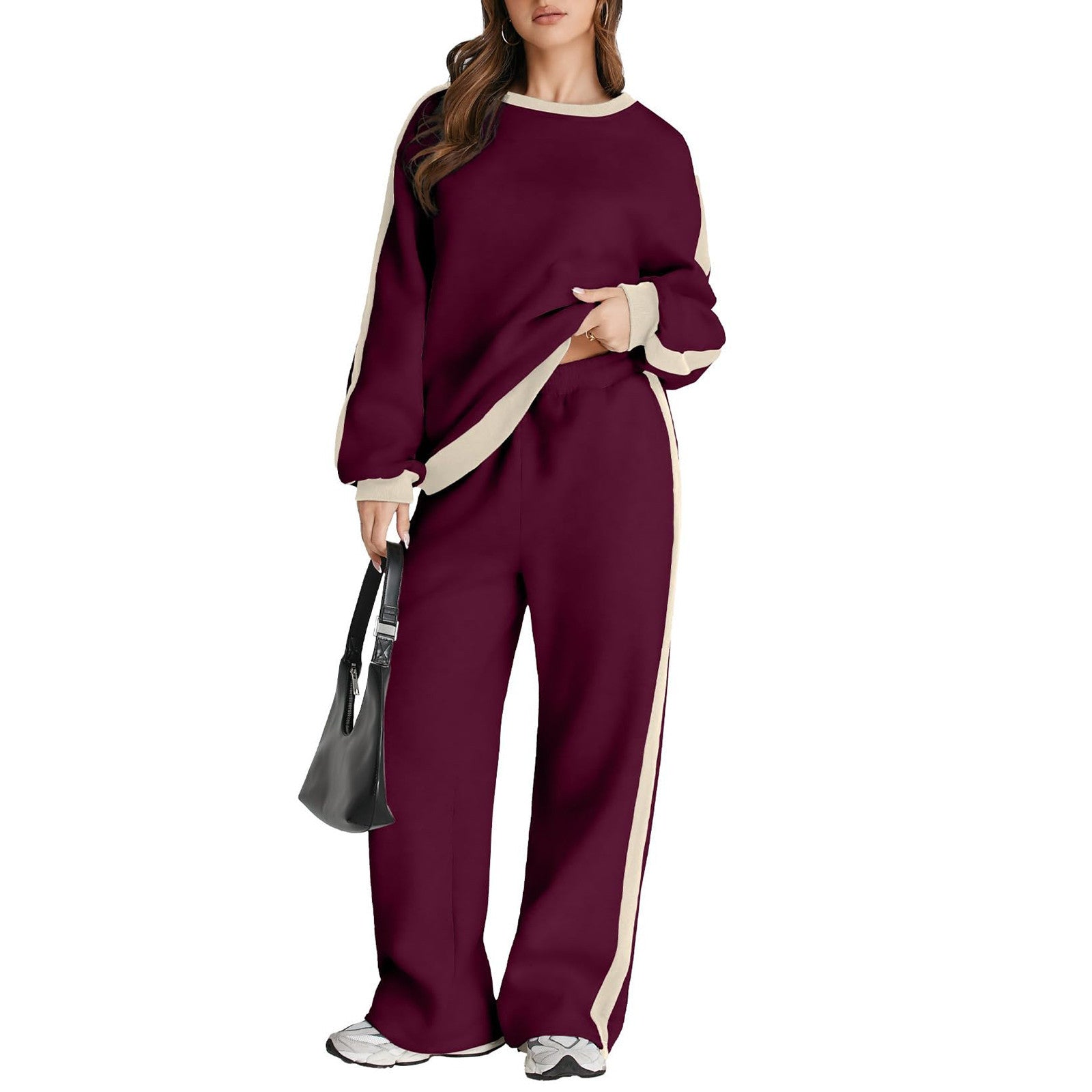 Graceful Color Matching Long Sleeve Loose Pullover Sweatshirt & Sweatpants Set