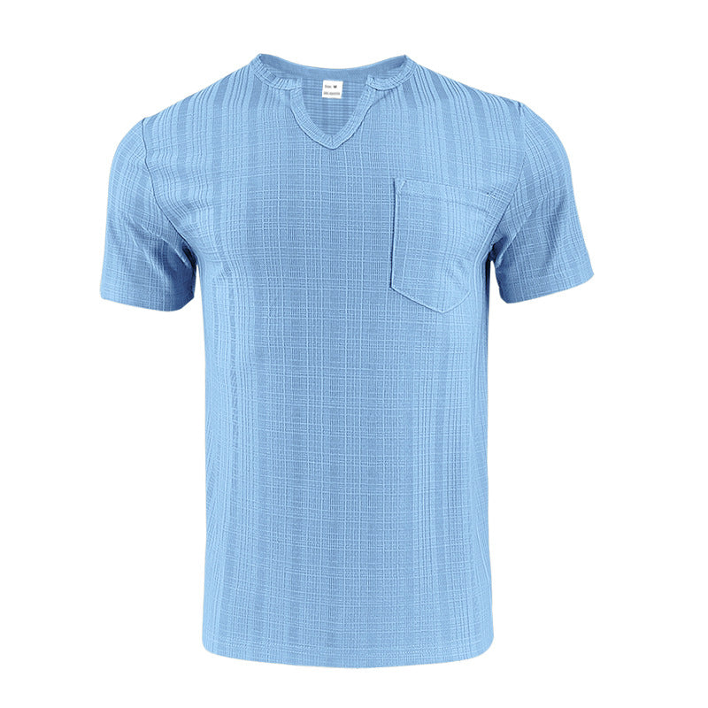 قميص رجالي فضفاض بياقة على شكل حرف V ولون سادة وأكمام قصيرة ومسامي