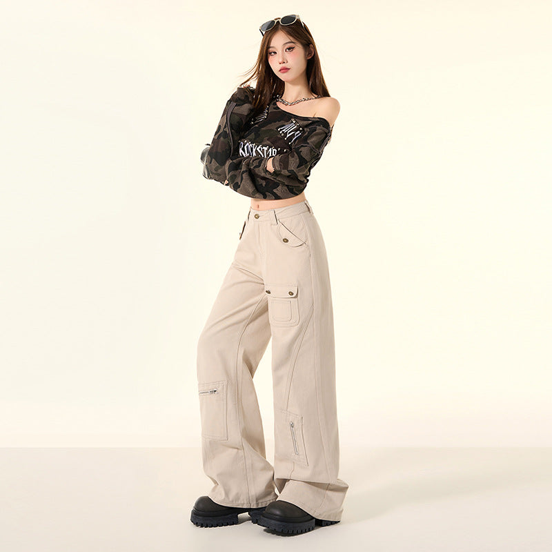 High Waist Khaki Denim Wide Leg Jeans