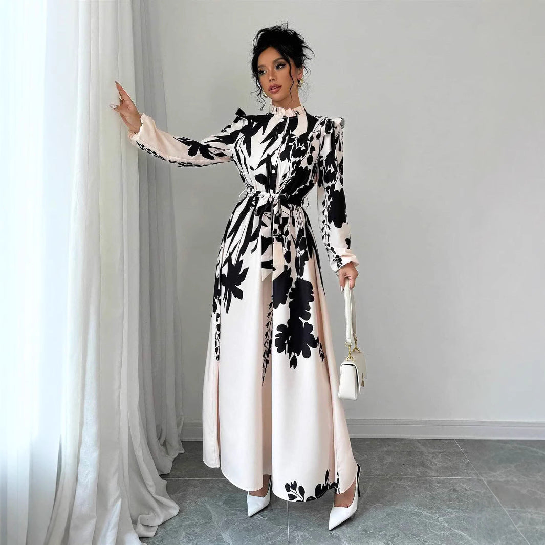 Robe trapèze femme beige imprimé fleuri taille manches longues