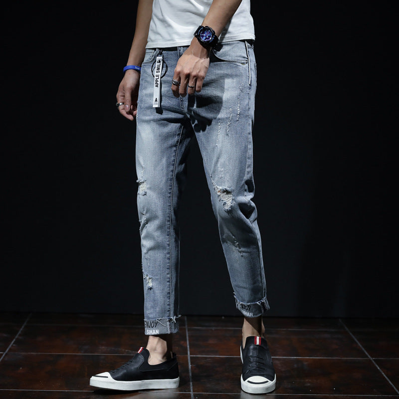 Light Blue Ripped Elastic Small Leg Straight Jeans for Youth