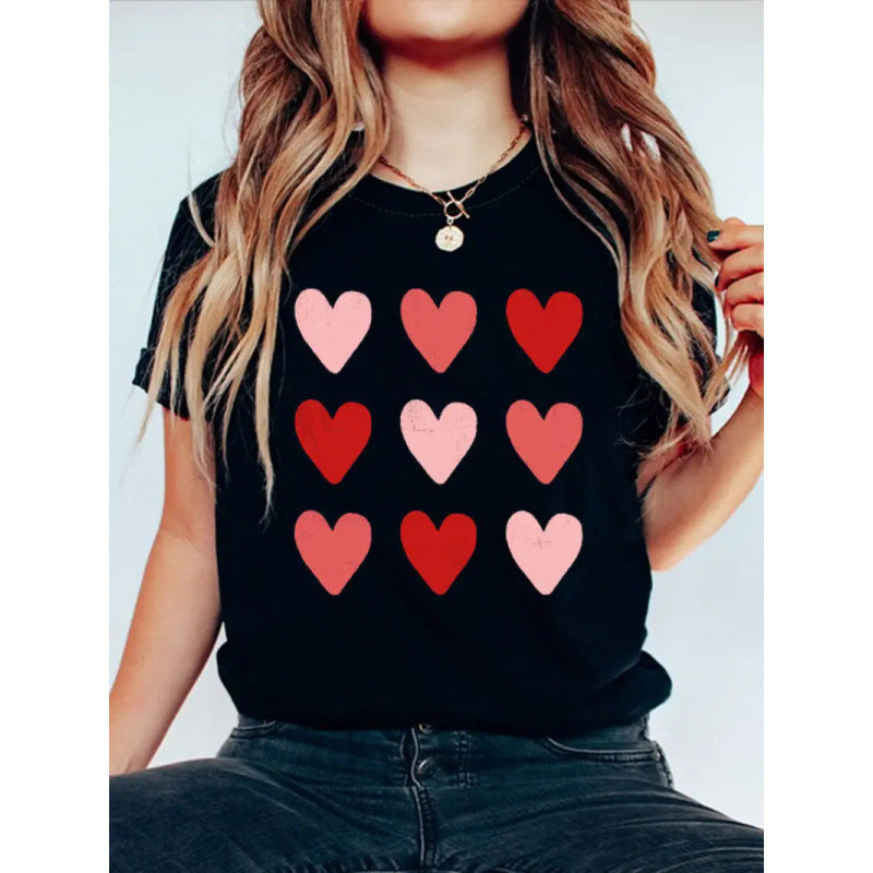 Women's Short Sleeve Valentine's Day Heart 3D Round Neck Top