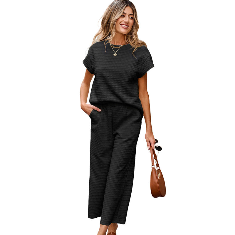 Ensemble deux pièces décontracté femme texturé couleur unie