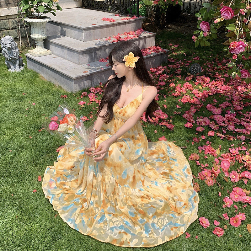 Yellow Fairy Ruffled Spaghetti Strap Dress, A-Line Vacation Style