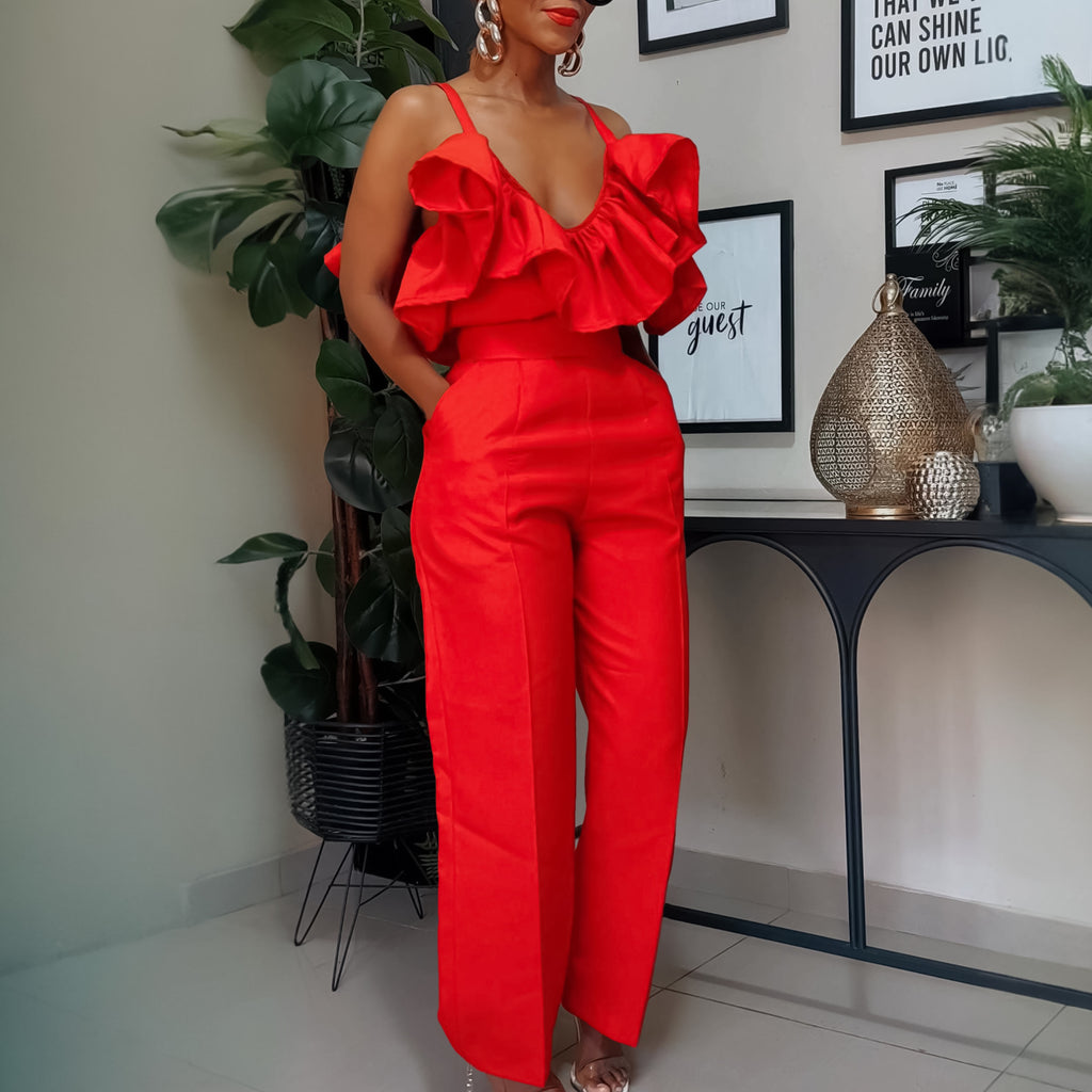 V-Neck Flounce Sling Top & High Waist Trousers Suit