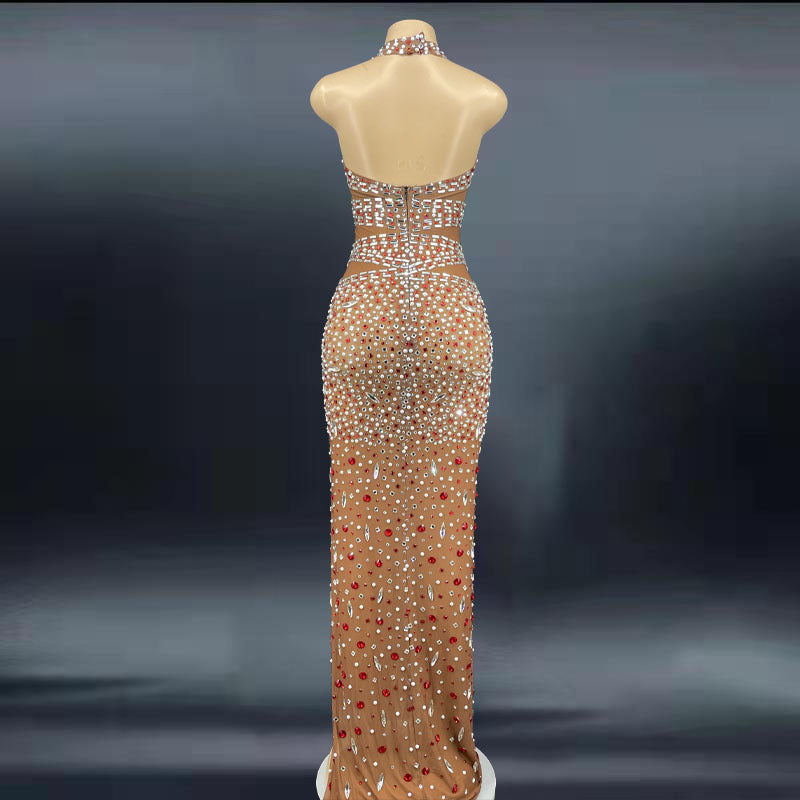 Robe de bal dos nu élégante en strass et paillettes de cristal en élasthanne