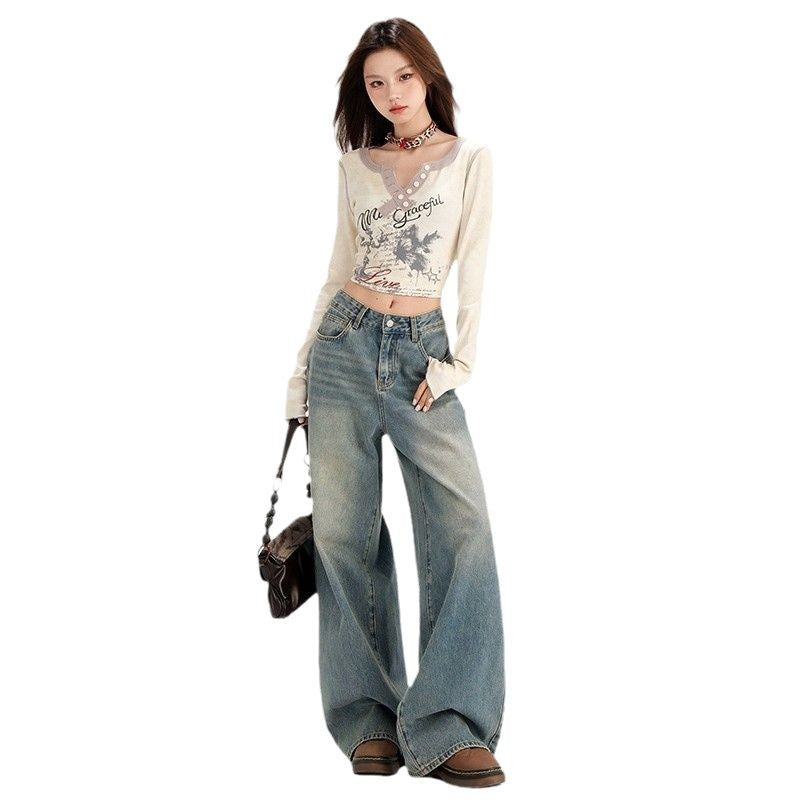 Retro Straight All-matching Loose Drooping Wide Leg Jeans