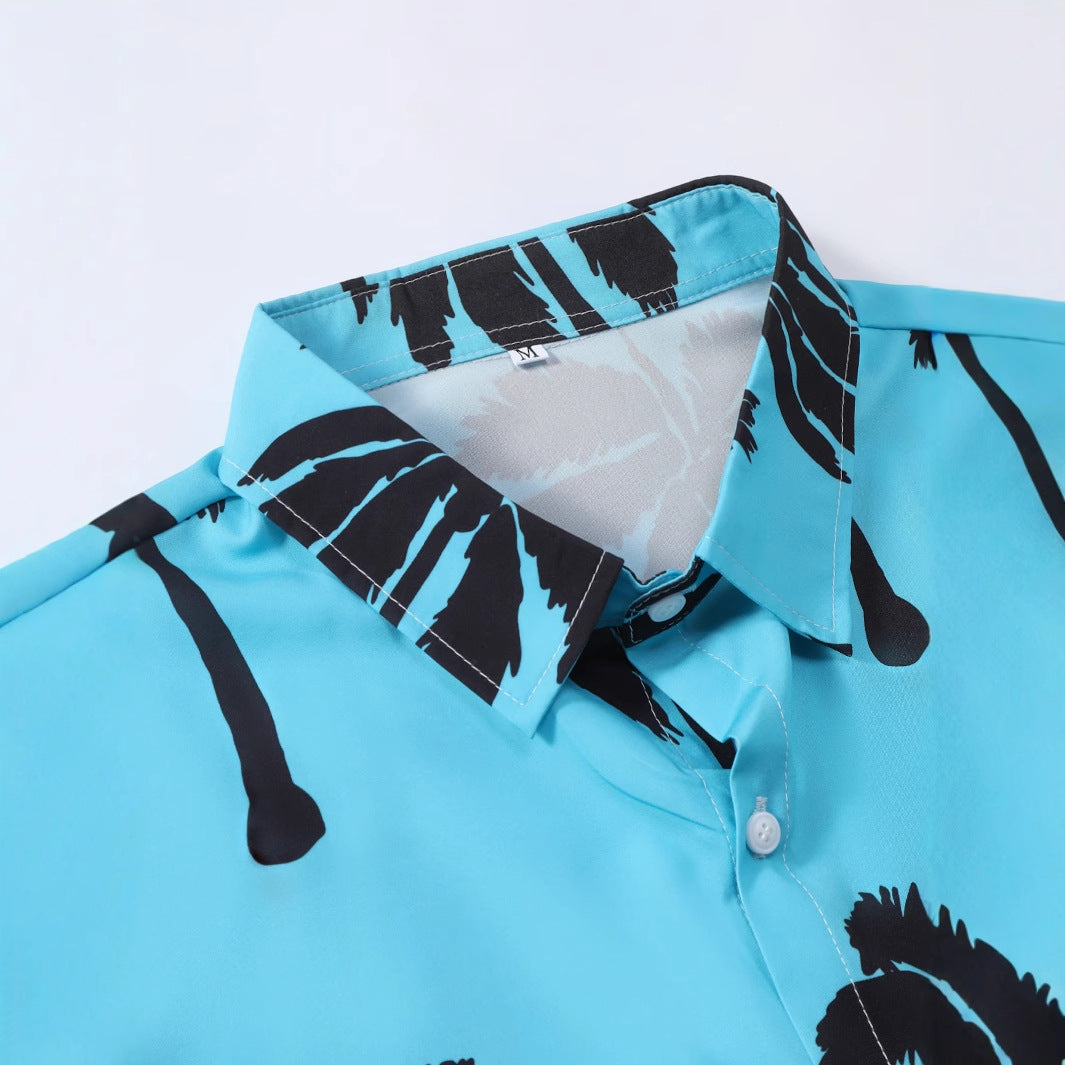 Summer Men's Lake Blue Short-Sleeve Shirt and Pants Suit Polyester Fiber