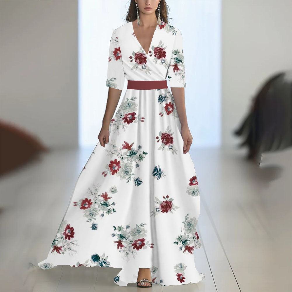 Printed Long Sleeve V-Neck Patchwork Dress with Belt