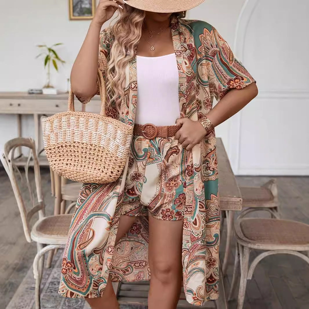 Ensemble deux pièces imprimé floral pour femme en polyester abricot, tailles L-5XL