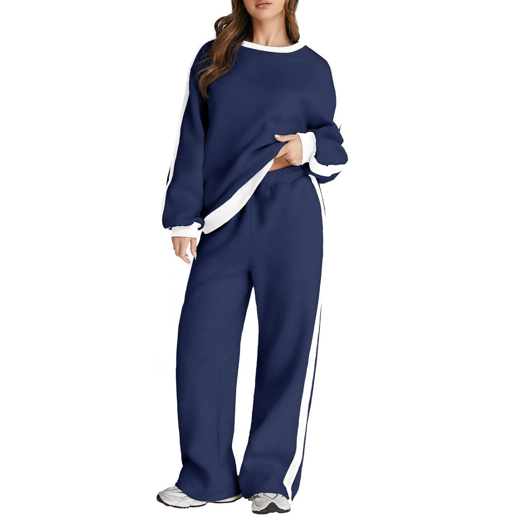 Graceful Color Matching Long Sleeve Loose Pullover Sweatshirt & Sweatpants Set