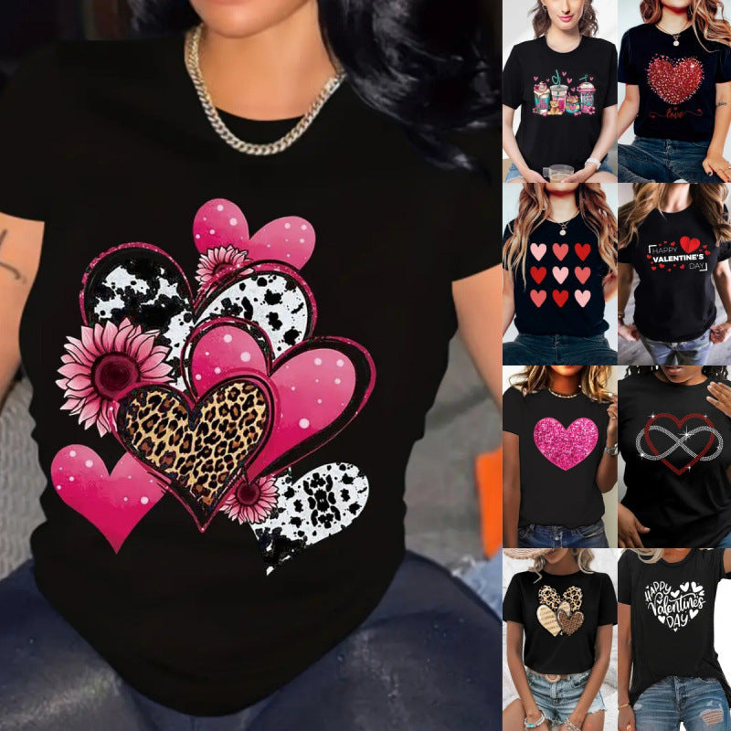 Women's Short Sleeve Valentine's Day Heart 3D Round Neck Top