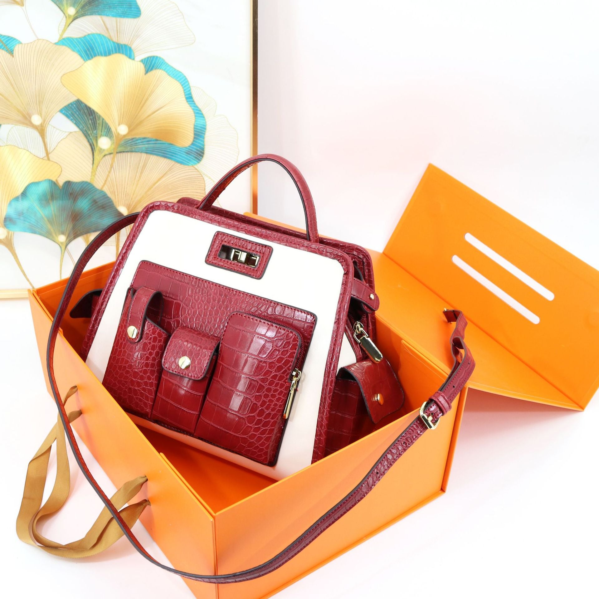 Textured Crocodile Pattern PU Polyester Handbag 33x24x17cm