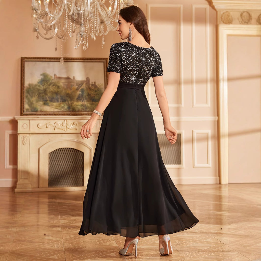 Robe longue à fines bretelles élégante noire à sequins pour femme