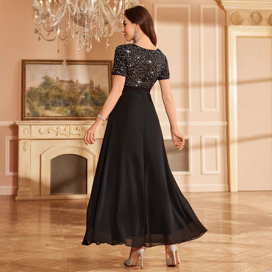 Robe longue à fines bretelles élégante noire à sequins pour femme