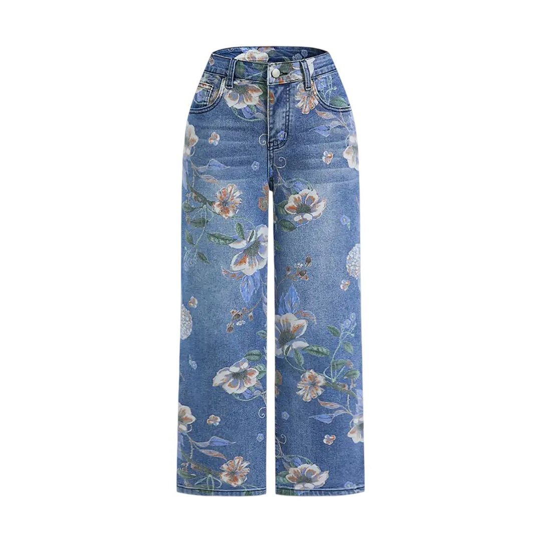 Women's Printed Denim Mid-Waist Straight Wide-Leg Pants for Spring & Autumn
