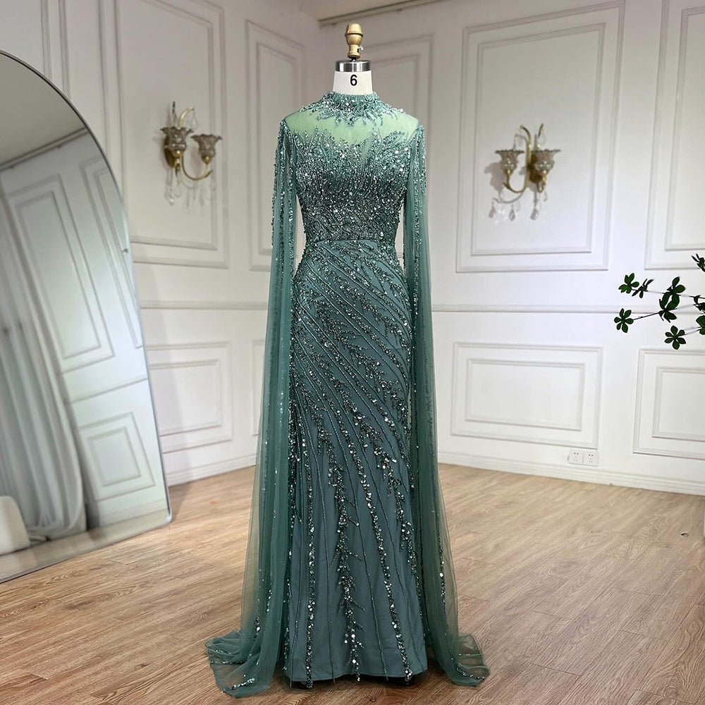Robe de soirée élégante de princesse arabe à manches volantées et coupe sirène