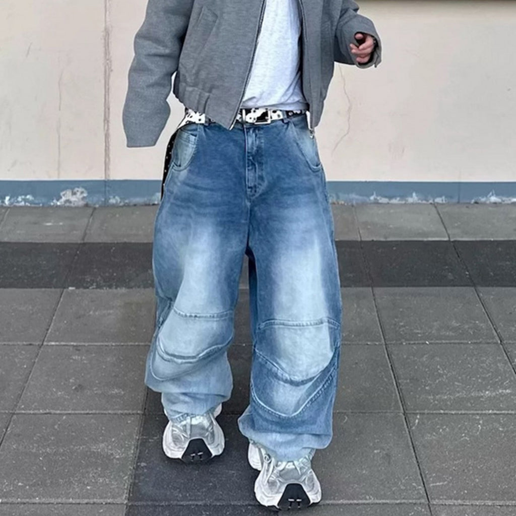Washed White Blue Baggy Pleated Denim Jeans