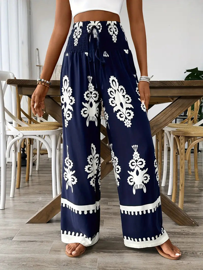 Pantalon décontracté large taille haute à lacets et motif 3D pour femmes