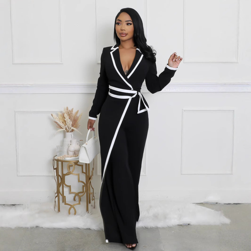 Dual-Color Patchwork Belted Long Sleeve Jumpsuit