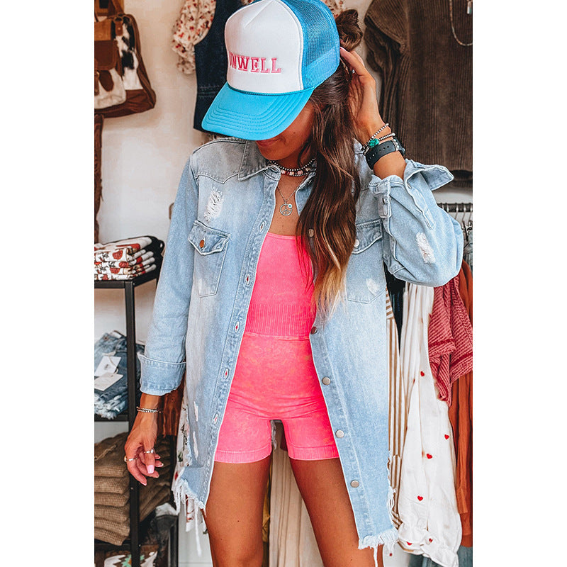 Retro Distressed Long Denim Coat For Women