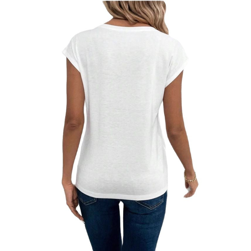 Haut uni à col en V et manches courtes ample pour femme