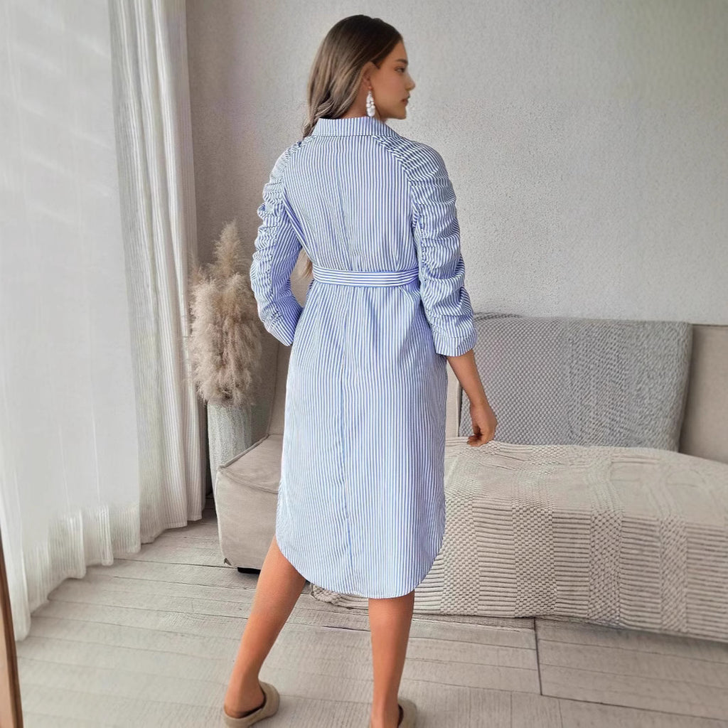 Robe de maternité décontractée à rayures et revers boutonnée pour femme