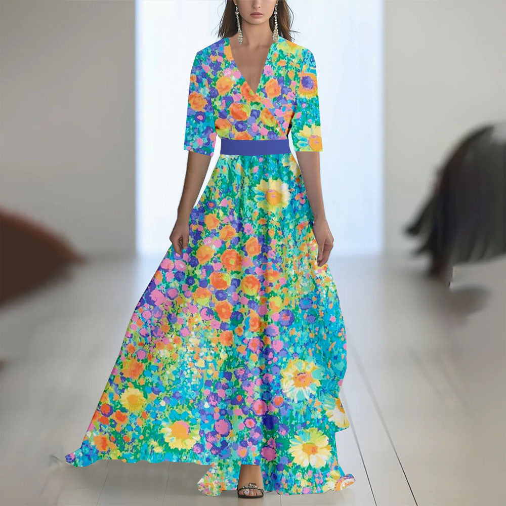 Printed Long Sleeve V-Neck Patchwork Dress with Belt