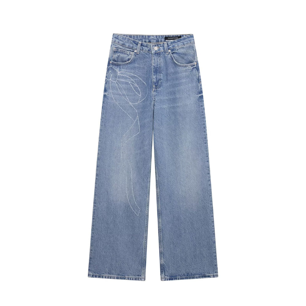 High Waist Wide Leg Rhinestone Jeans - Casual Loose Fit