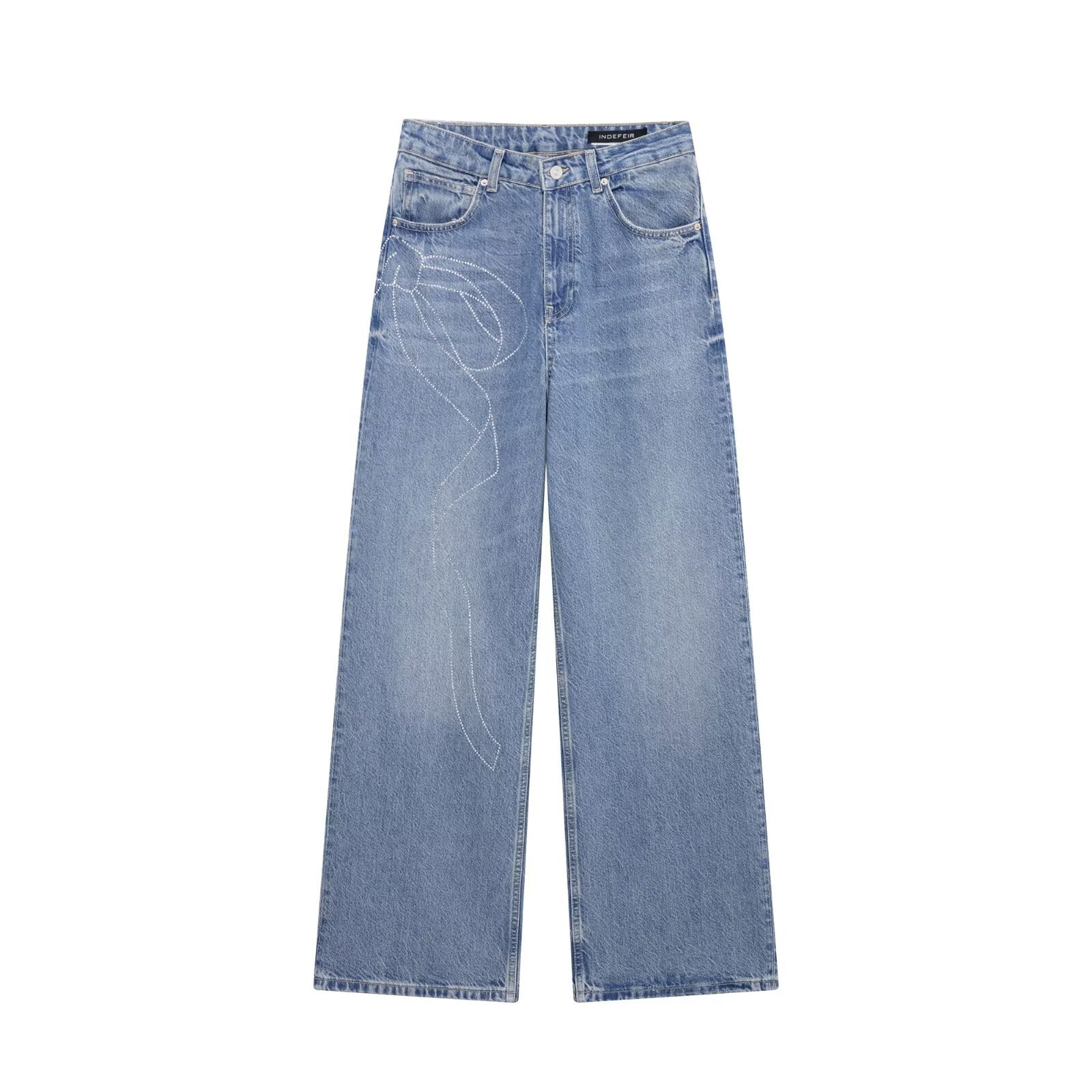 High Waist Wide Leg Rhinestone Jeans - Casual Loose Fit